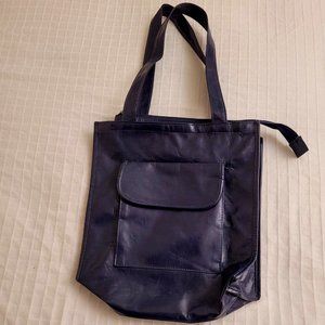 Dark blue vinyl tote bag.